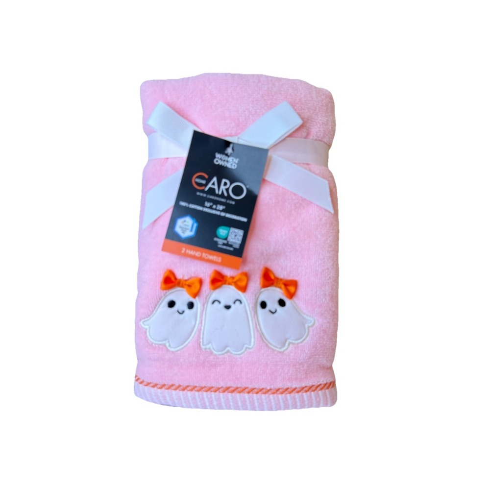 CARO Home Halloween GHOST Pink White Hand Towel Set of 2 NEW!